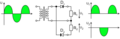 Circuitus fluxum alternantem (sinstre) "rectifaciendi" (dextre), supra fluxum ab anodo ad cathodum, infra ab cathodo ad anodum permittens.