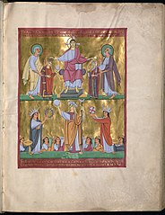 Saint Henri et sainte Cunégonde couronnés par le Christ (en haut), miniature du Livre des Péricopes d'Henri II.