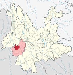 Location of Yongde County (red) and Lincang City (pink) within Yunnan