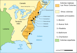 En 1775, los británicos alegaron autoridad sobre las zonas moradas del mapa y España reclamó los territorios coloreados de amarillo. La zona en morado oscuro es la zona de asentamiento; la mayoría de la población vivía como máximo a 80 kilómetros del océano.