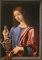 Piero di Cosimo St. Joan Evangelista, oli sobre taula, 1504-6, Honolulu Academy of Arts, EUA