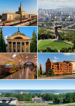 Anti-Clockwise: the Motherland Statue, the railway station, Planetarium, The Metrotram, Panorama of the City, Gerhardt Mill, Mamayev Kurgan