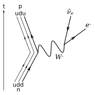 A tree diagram consisting mostly of straight arrows. A down quark forks into an up quark and a wavy-arrow W[superscript minus] boson, the latter forking into an electron and reversed-arrow electron antineutrino.