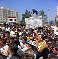 Crowd gathers at San Fernando Valley State College to hear Robert F. Kennedy