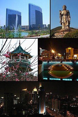 Kiri atas: Wuxi International Software Park, Kanan atas: Ling Shan Grand Buddha di Gunung Longshan, Mashan area, Tengah kiri:Meiyuan Nianpo Pagoda di Danau Tai, Tengah kanan:Malam di Jembatan Kuntang di Old Grand Canal, Bawah: Pemandangan malam di pusat kota