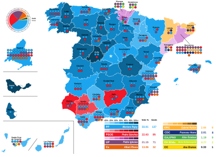 Map of Spain showcasing seat distribution by Congress of Deputies constituency