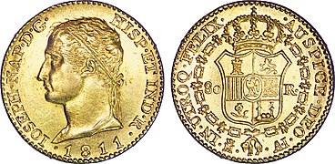 Moneda de 80 reales de oro de José Bonaparte, 1811.