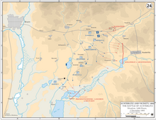 Map showing the French advance in blue lines and the defeated Allied armies in red lines, moving away (to the east) from the battlefield.