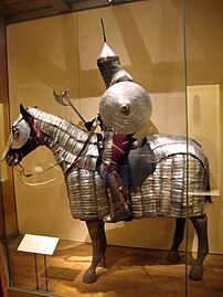 Statue of horse and rider in armour
