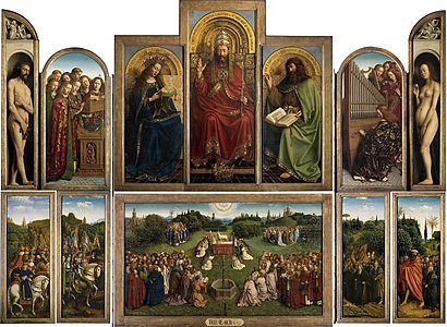 Adam et Ève du Polyptyque de l'Agneau mystique d'Hubert et Jan Van Eyck (premiers nus naturalistes monumentaux de la Renaissance. Demi-grandeur). 1432. Huile sur bois. Cathédrale Saint-Bavon de Gand, Belgique.