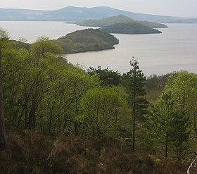 Vue de l'île (au premier plan), depuis l'île d'Inchcailloch, le 6 mai 2006.