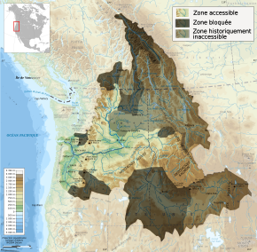 Carte topographique du bassin du Columbia montrant les zones d'accessibilité et d'inaccessibilité pour les poissons migrateurs