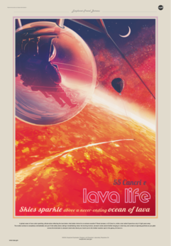 Pôster da Agência de Viagens de Exoplanetas do Programa de Exploração de Exoplanetas da NASA, com o texto "55 Cancri e: os céus brilham em um oceano de lava sem fim" (definição 8 161 × 11 761)