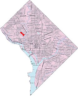 Map of Washington, D.C., with Woodland-Normanstone highlighted in red