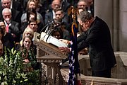 George W. Bush tearfully eulogizes his father at the National Cathedral on December 5, 2018.