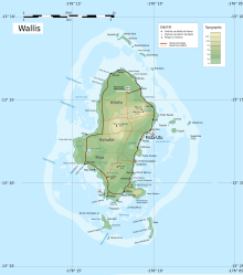 Carte topographique en couleur de Uvea (Wallis). Les trois passes dans le lagon sont visibles sur la gauche (ouest)