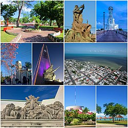 Od zgoraj levo: Parque de los Caimanes, Monumento al Renacimiento, svetilnik, stolnica, stolp z uro in vojaški spomenik, pogled iz zraka, Alegoría del mestizaje, kongres Quintana Roo in plaža Dos Mulas