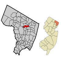 Location of Emerson in Bergen County highlighted in red (left). Inset map: Location of Bergen County in New Jersey highlighted in orange (right).