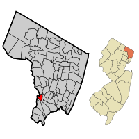 Location of Wallington in Bergen County highlighted in red (left). Inset map: Location of Bergen County in New Jersey highlighted in orange (right).