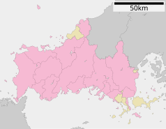 Mapa konturowa prefektury Yamaguchi, na dole po lewej znajduje się punkt z opisem „Ube”