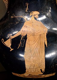 Dionysos kantharos kädessään. Yksistyiskohta Berliini-maalarin maalaamasta punakuvioisesta amforasta, n. 490–480 eaa.