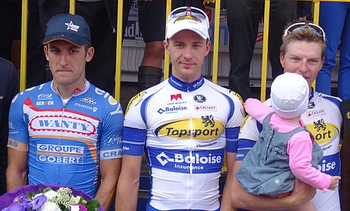 Podium de l'édition 2014 du Grand Prix de la ville de Zottegem : Tim De Troyer (2e), Edward Theuns (1er) et Zico Waeytens (3e).