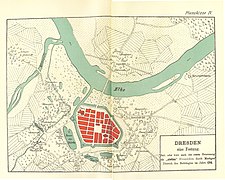 Barevná reprodukce historické mapy zachycující malé městské jádro s hradbami poblíž ramene řeky Labe