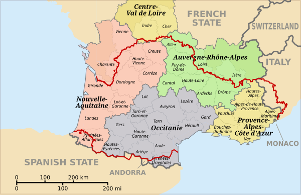 A map showing the extent of Occitania overlaid on the modern administrative regions and departments of southern France