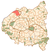 Situation de la commune de Gennevilliers, en rouge, sur une carte de Paris et de la « Petite Couronne ».