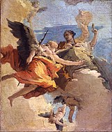 喬凡尼·巴蒂斯塔·提埃坡羅的《美德和高貴的寓意畫》（Allegoria della forza e della saggezza），35.4 × 30cm，約作於1740－1743年，來自吉安·賈科莫·波爾迪·佩佐利的藏品[33]