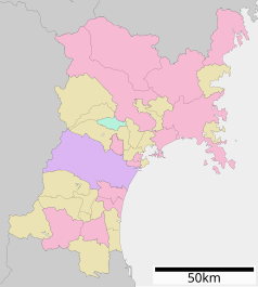 Mapa konturowa Miyagi, u góry znajduje się punkt z opisem „Kurihara”