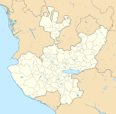 Mapa konturowa Jalisco, na dole znajduje się punkt z opisem „Katedra św. Józefa w Ciudad Guzmán”