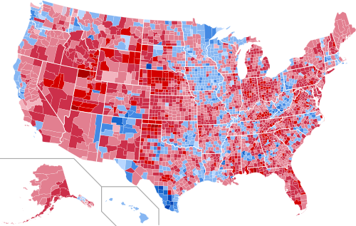 Results by county, shaded according to winning candidate's percentage of the vote