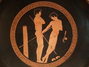 Sportifs au repos et leurs javelots. Médaillon d'un kylix attique à figures rouges, 480-460. Altes Museum, Berlin.