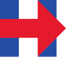 Clinton's 2016 presidential campaign logo, a large blue letter "H" with a red arrow facing right, overlaying the horizontal bar of the "H". The head of the arrow is also overlaid over the right vertical bar of the "H", with two small blue triangles poking out where the bar of the "H" is not covered by the arrow.