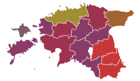 Число случаев COVID-19 на карте Эстонии  21—24%  24—27%  27—30%  30—33%  33—36%  36—39%