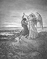 Dorés illustrasjonskunst kjennetegnes ofte ved teatralske tablåer og dramatiske lys- og skyggevirkninger. Her «Jakob slåss med en engel» 1855
