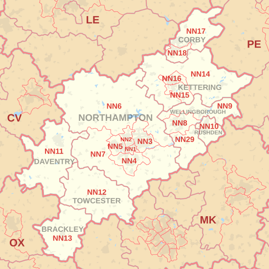 NN postcode area map, showing postcode districts, post towns and neighbouring postcode areas.