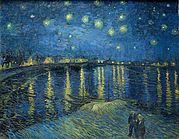 The top of the painting is a dark blue night sky with many bright stars shining brightly surrounded by white halos. Along the distant horizon are houses and buildings with lights that are shining so brightly that they are casting yellow reflections on the dark blue river below. The bottom half of the picture is the Rhone river with reflected lights showing throughout the river. In the foreground we can see a shallow wave.