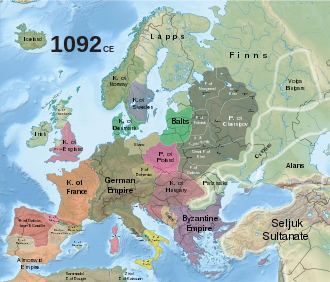 Карта Европы, показывающая наиболее крупные государства, включая Священную Римскую империю и Францию