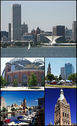 Atas:: Milwaukee Skyline, Center Left Miller Park, Center Right Cathedral of St. John the Evangelist, Lower Left Milwaukee River, Lower Right Milwaukee City Hall