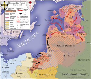 Poloha a pohyb vojenských tažení obou rytířských řádů v Pobaltí mezi lety 1226–1260