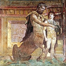 El centauro Quirón enseñando a Aquiles a tocar la lira, fresco romano de Herculano, siglo I d. C.