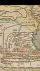 Тарки (город), Эндирей (город), Бойнак (город), Кафыр-Кумух (н/п) и Бораган (н/п) на карте Гесселя Герритса, 1613-й год. Отмечены маркером.