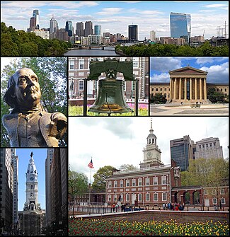 Din stânga sus, panorama Philadelphiei, o statuie a lui Benjamin Franklin, Liberty Bell, Philadelphia Museum of Art, Philadelphia City Hall și Independence Hall