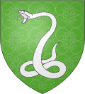 Wappen mit einer weißen Schlange, die sich schlängelt und nach links oben ihr Maul öffnet. Der Untergrund ist grün.
