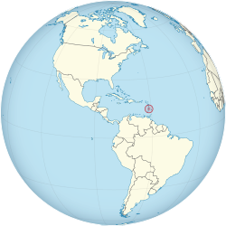  सेण्ट लूसिया  (लाल वृत्त में दर्शित) की अवस्थिति कैसीबियाई  (light yellow) में