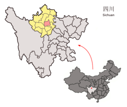 Location of Heishui County (light red) in Aba (yellow) and Sichuan (light gray)