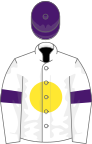 White, yellow disc, purple armlets and cap