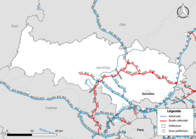 Carte du réseau routier national (autoroutes et routes nationales) dans le département du Val-d'Oise